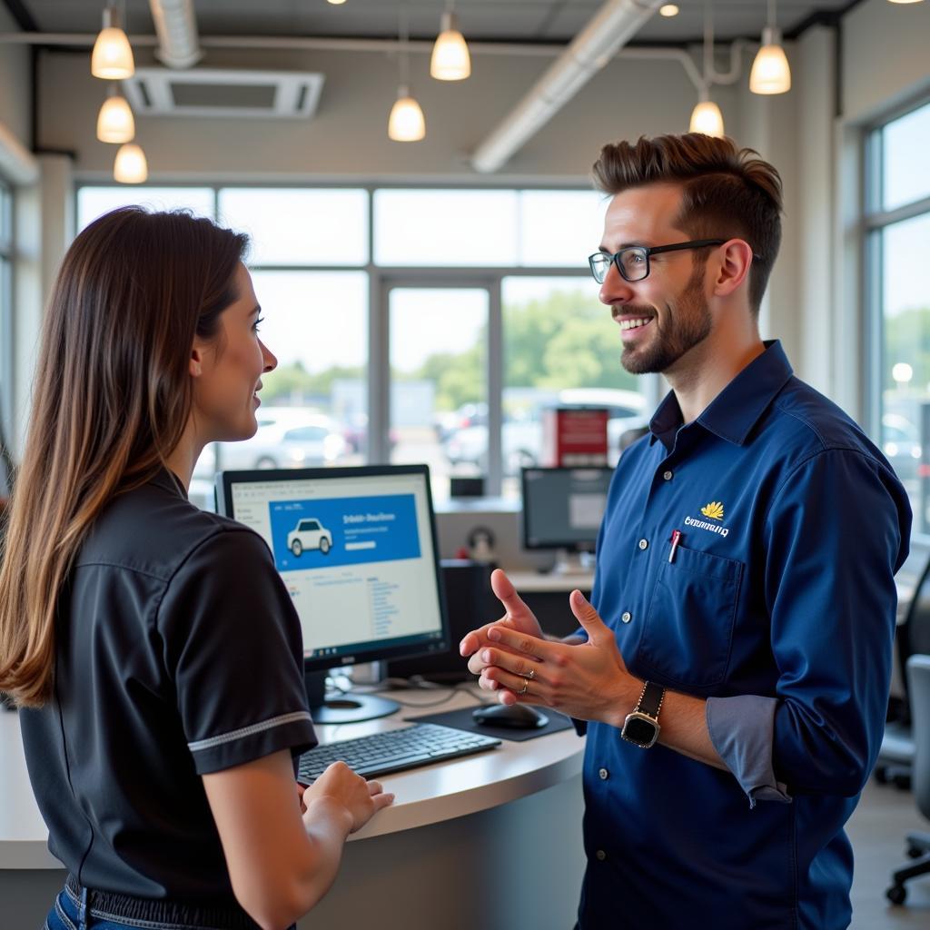 Customer talking to service advisor at an auto service center on Lee Hwy