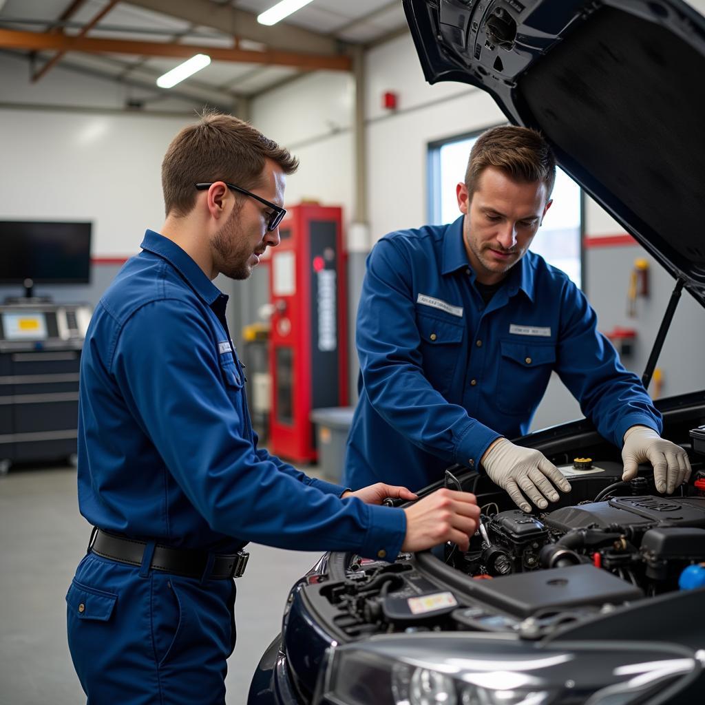 Certified Technicians Working on a Car in a Modern Auto Service Shop