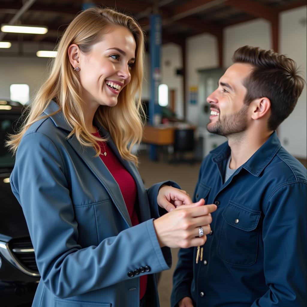 Happy Customer Receiving Car Keys from Mechanic in Los Alamos