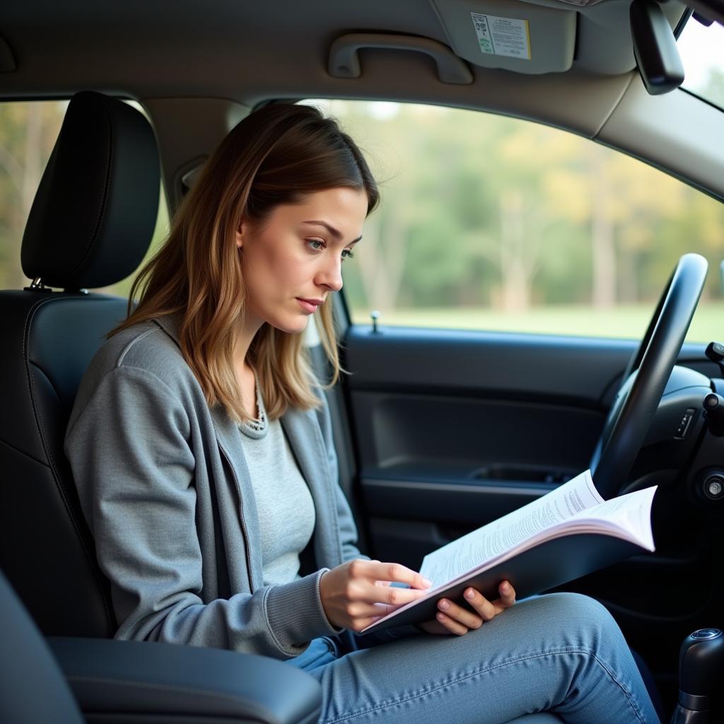 A person reading a car owner's manual