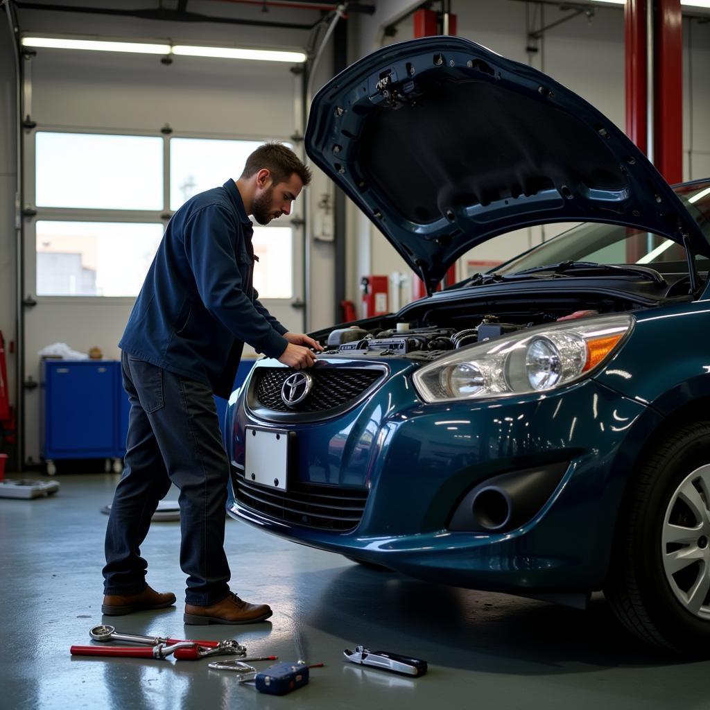 Mechanic working on a car in a Nashville auto service center