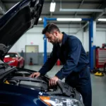 Mechanic checking a car in a New City auto service shop