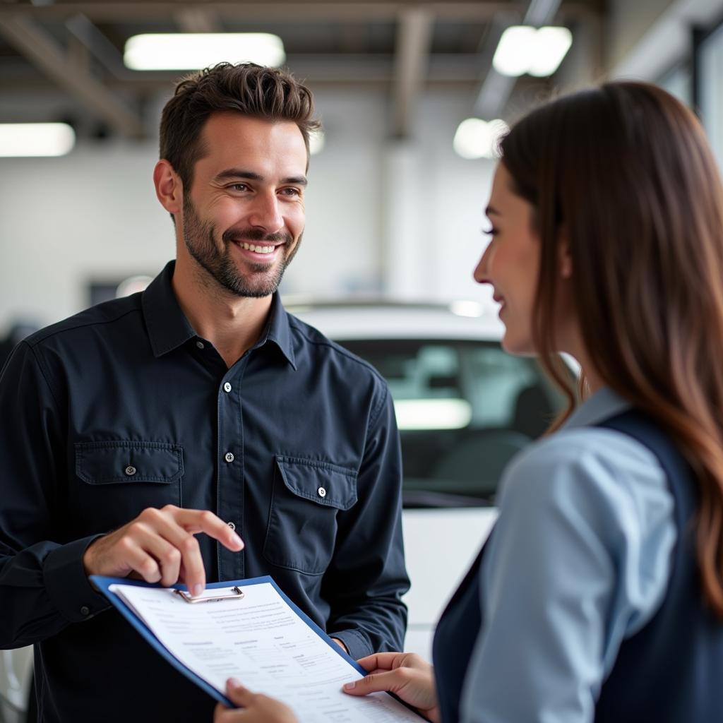 Customer talking to a service advisor at an auto service center in Newton, NJ