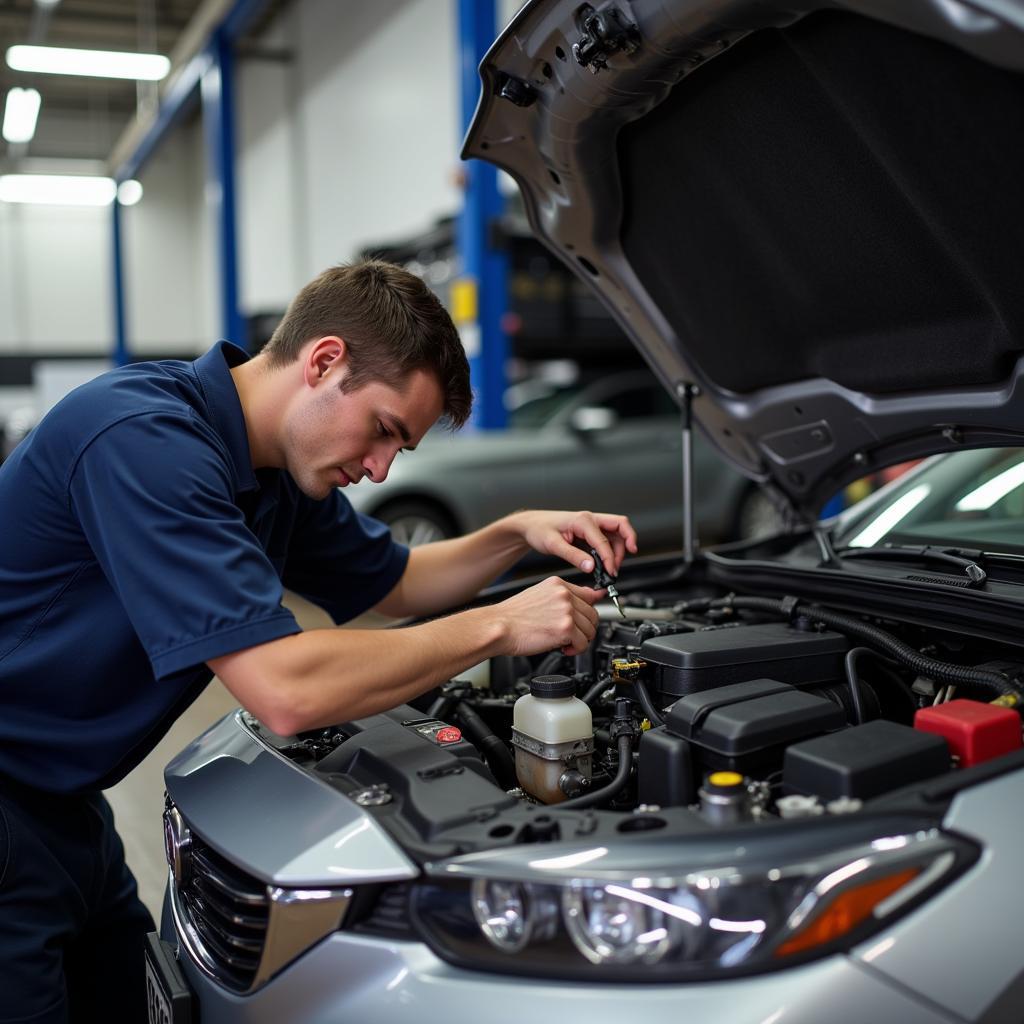 Technician performing preventative maintenance on a car in Newton, NJ