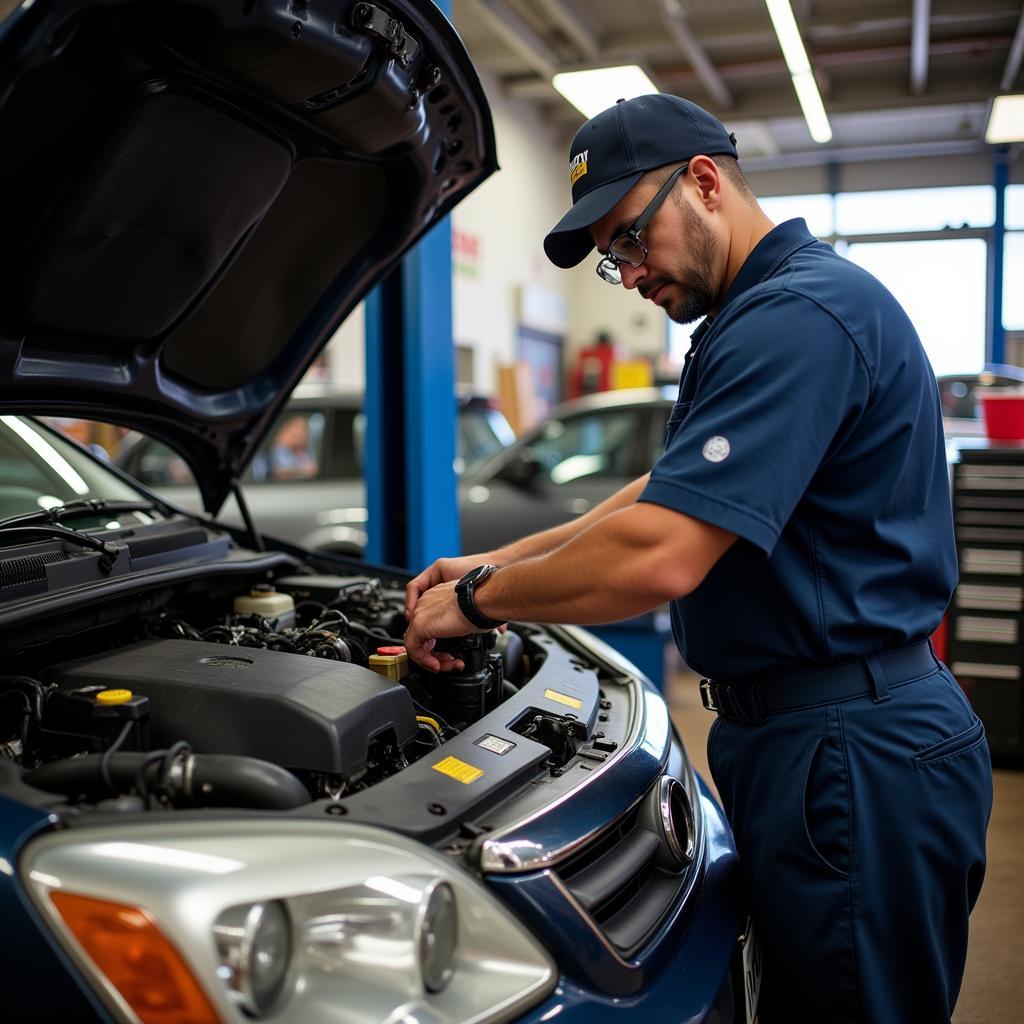 Mechanic working on a car in a New York City auto repair shop