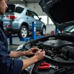 Mechanic working on a car in a Pleasanton auto service center