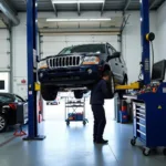 Car undergoing maintenance at an auto service shop near Route 22 in Mountainside