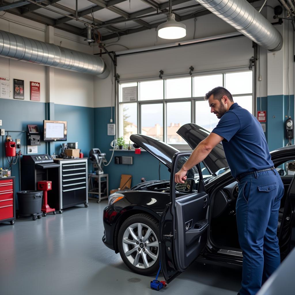 Auto Service Shop Interior with Mechanic Working