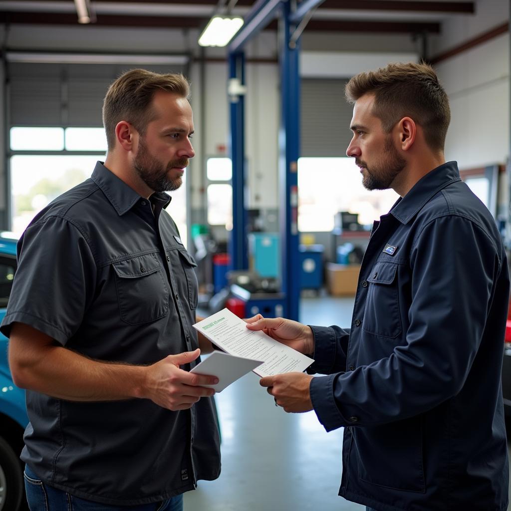 Customer discussing car repair with a mechanic in Somerset, MA.