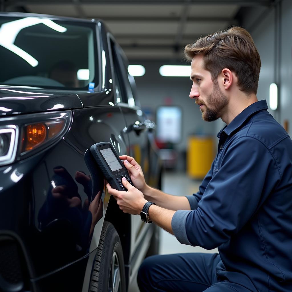 Auto Service Technician Diagnosing Car with Advanced Equipment