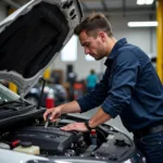 Auto service technician working on a car engine in a Spokane garage