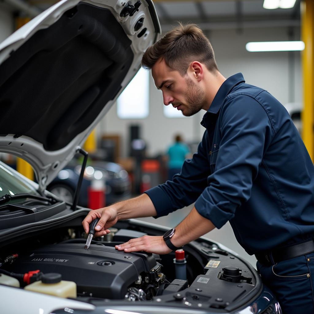 Auto service technician working on a car engine in a Spokane garage