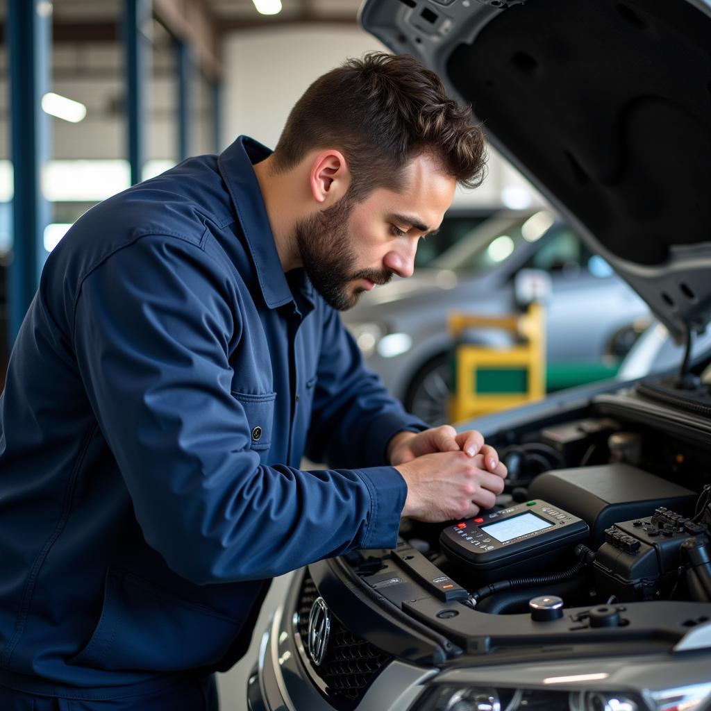 Certified Auto Service Technician Performing Diagnostics