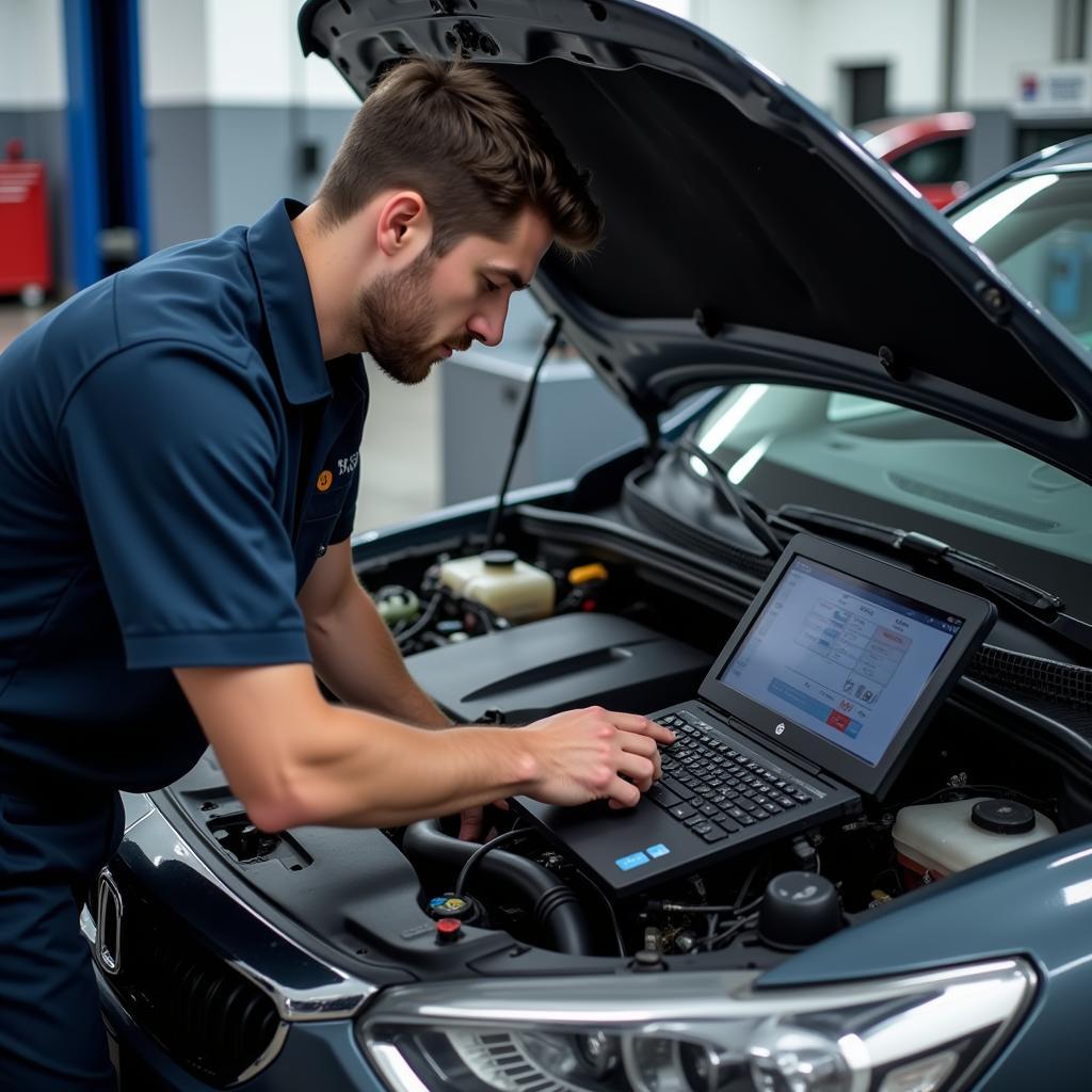 A certified auto service technician working on a car engine using diagnostic tools in a professional garage near 1750 SW 13th St, Gainesville.