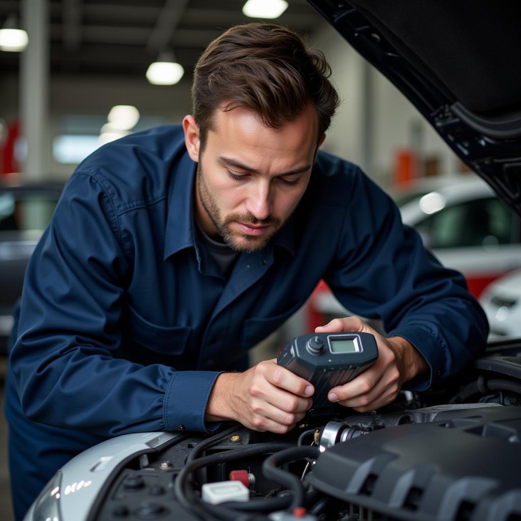 Experienced Auto Service Technician Performing Diagnostics