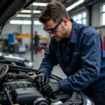 Experienced Technician Performing Engine Repair in a Fast Auto Service Bay