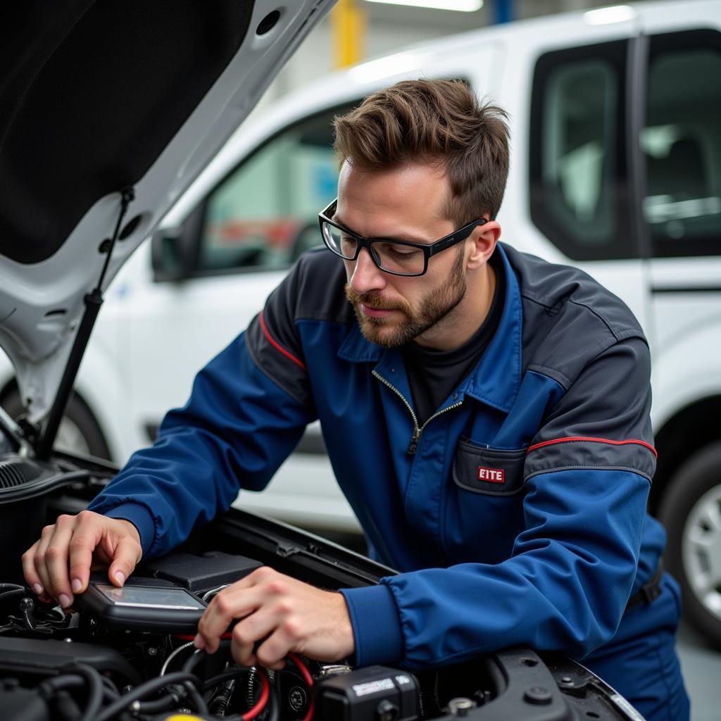 Auto Service Technician Working on an Electric Vehicle