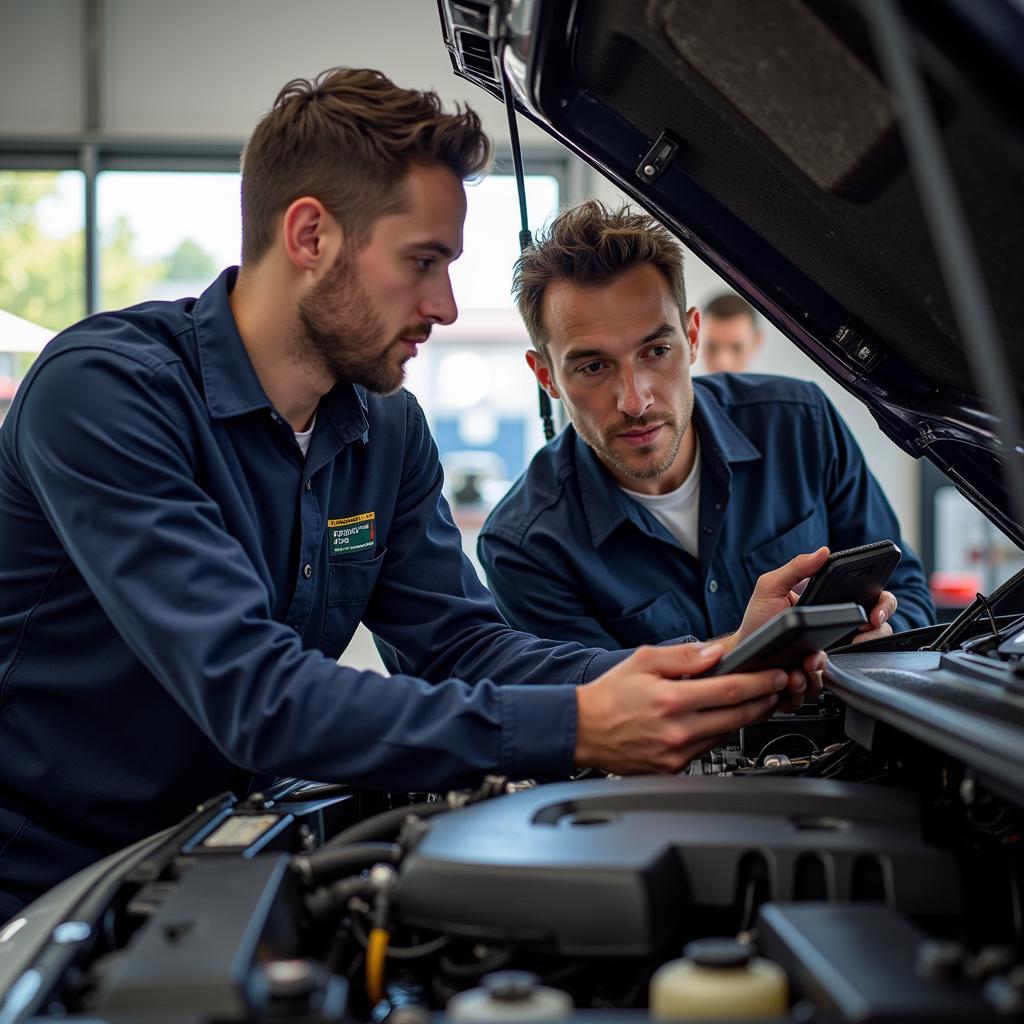 Two auto service technicians working on a car in Edison, NJ