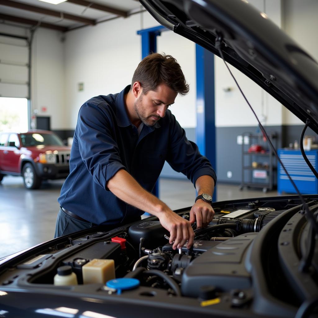 Mechanic working on a car in a The Villages, Florida auto repair shop