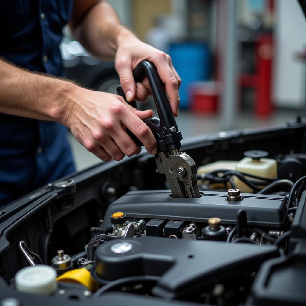 Mechanic working on a car engine in Woodstock NB.