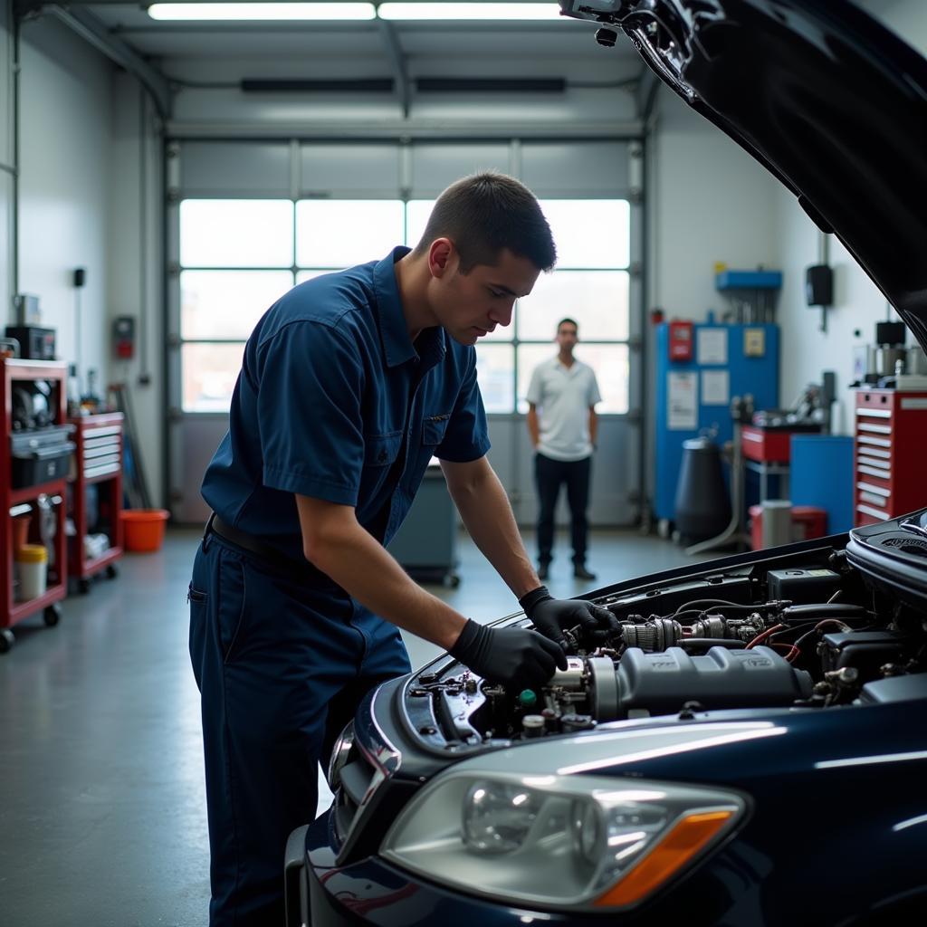 Mechanic Working on a Car in a Modern Auto Stop Service Centre