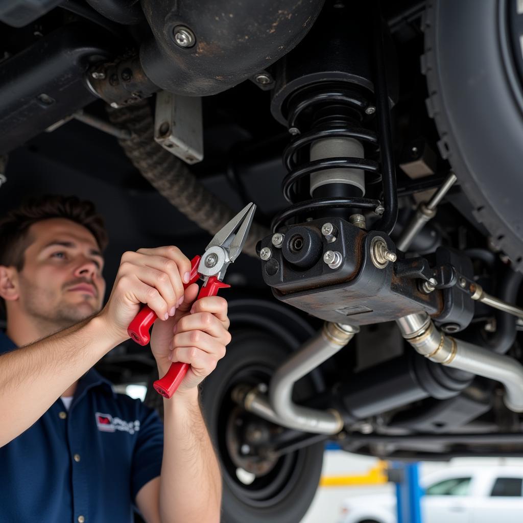 Mechanic inspecting car suspension in Huntsville