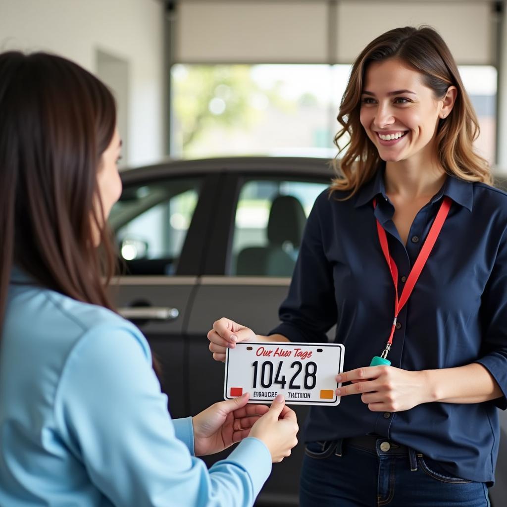 Satisfied Customer Receiving Their License Plate