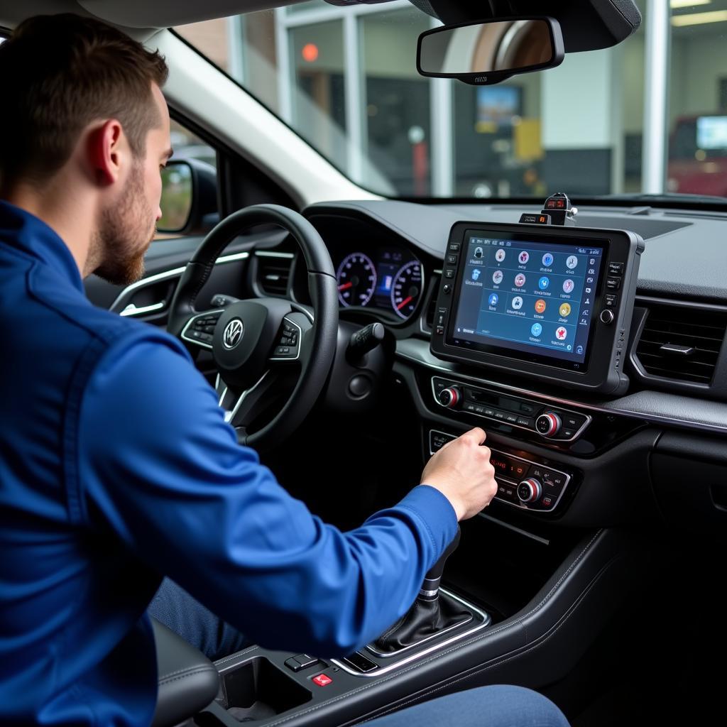 An auto technician using advanced diagnostic tools to troubleshoot a vehicle's electronic systems, showcasing the evolving landscape of auto service.