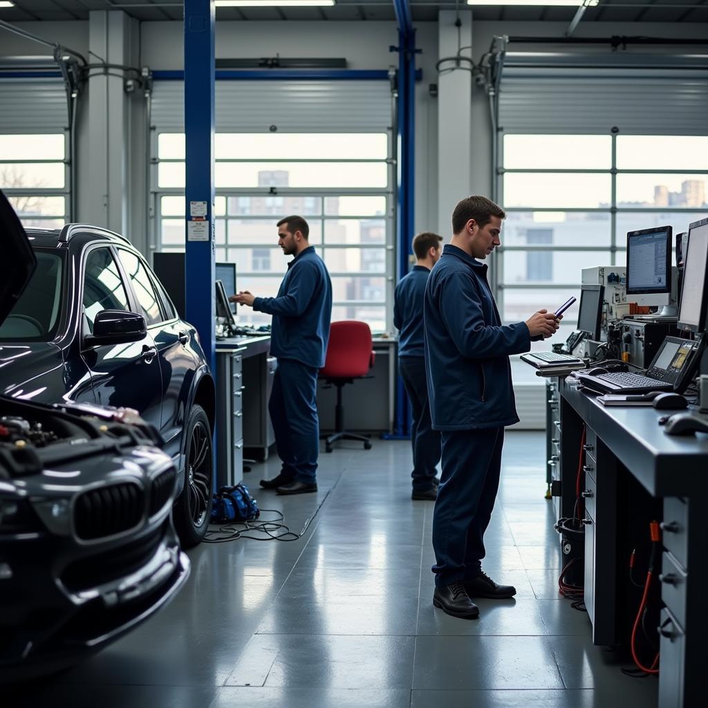 Interior view of a bustling auto and tire super service center, highlighting the organized workspace, advanced equipment, and professional technicians.