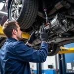 Mechanic inspecting a car's transmission in a Brisbane auto shop