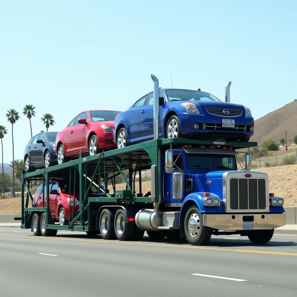 Car carrier truck transporting multiple vehicles in El Monte, California