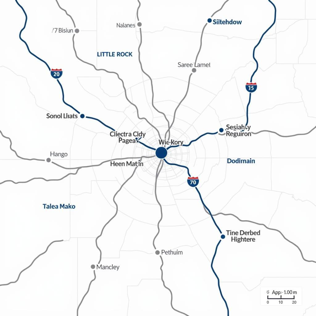 Auto transport map showing routes in and around Little Rock, Arkansas