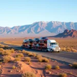 Auto transport truck driving through the Nevada desert