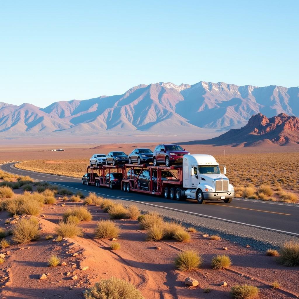 Auto transport truck driving through the Nevada desert