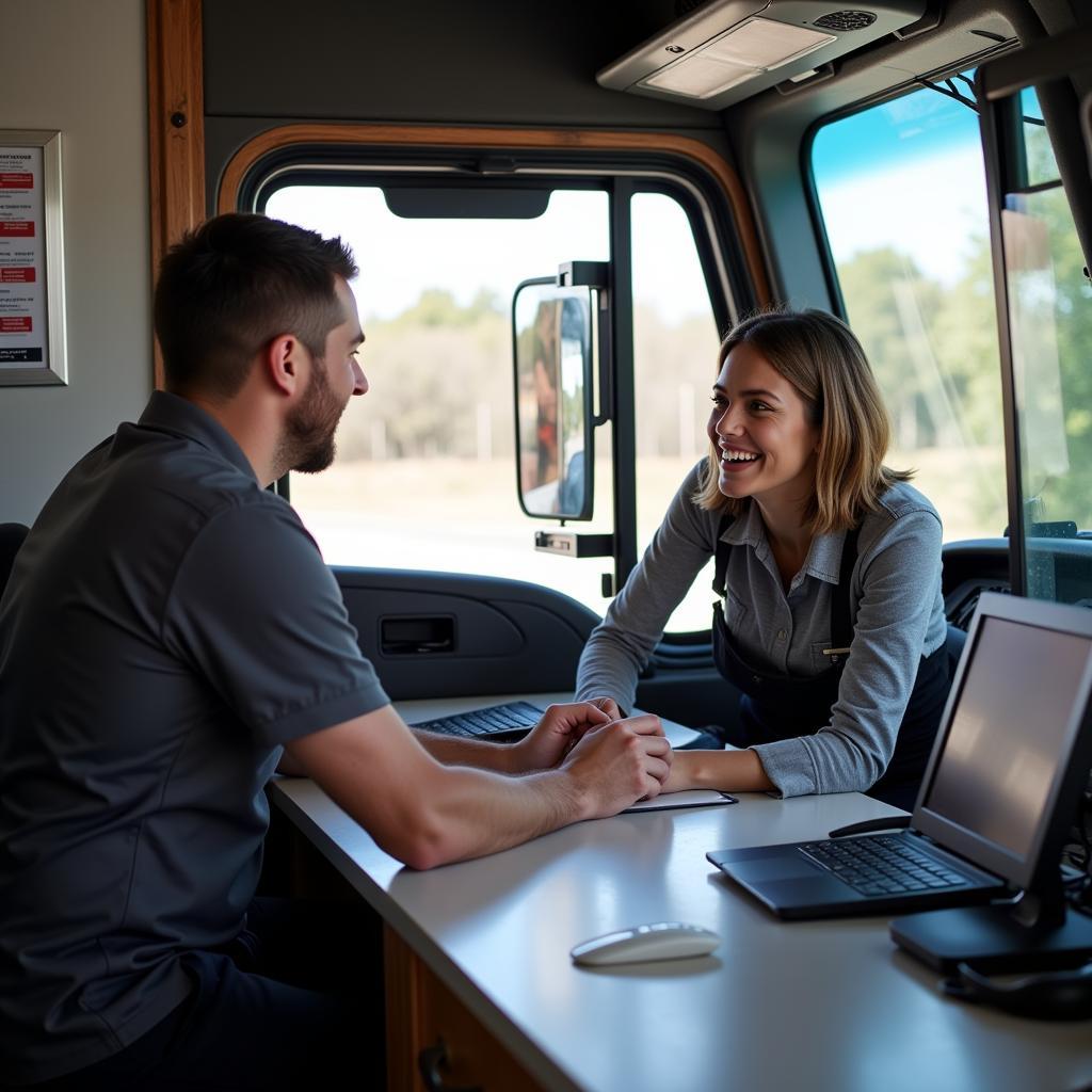 Customer interacting with a service representative at a truck dealership