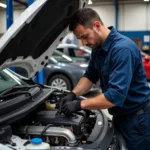 Mechanic performing an auto tune up service in Cincinnati