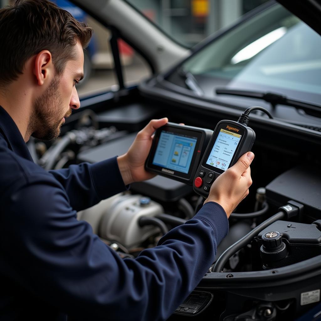 Mechanic Using Diagnostic Tools for Auto Tune Up