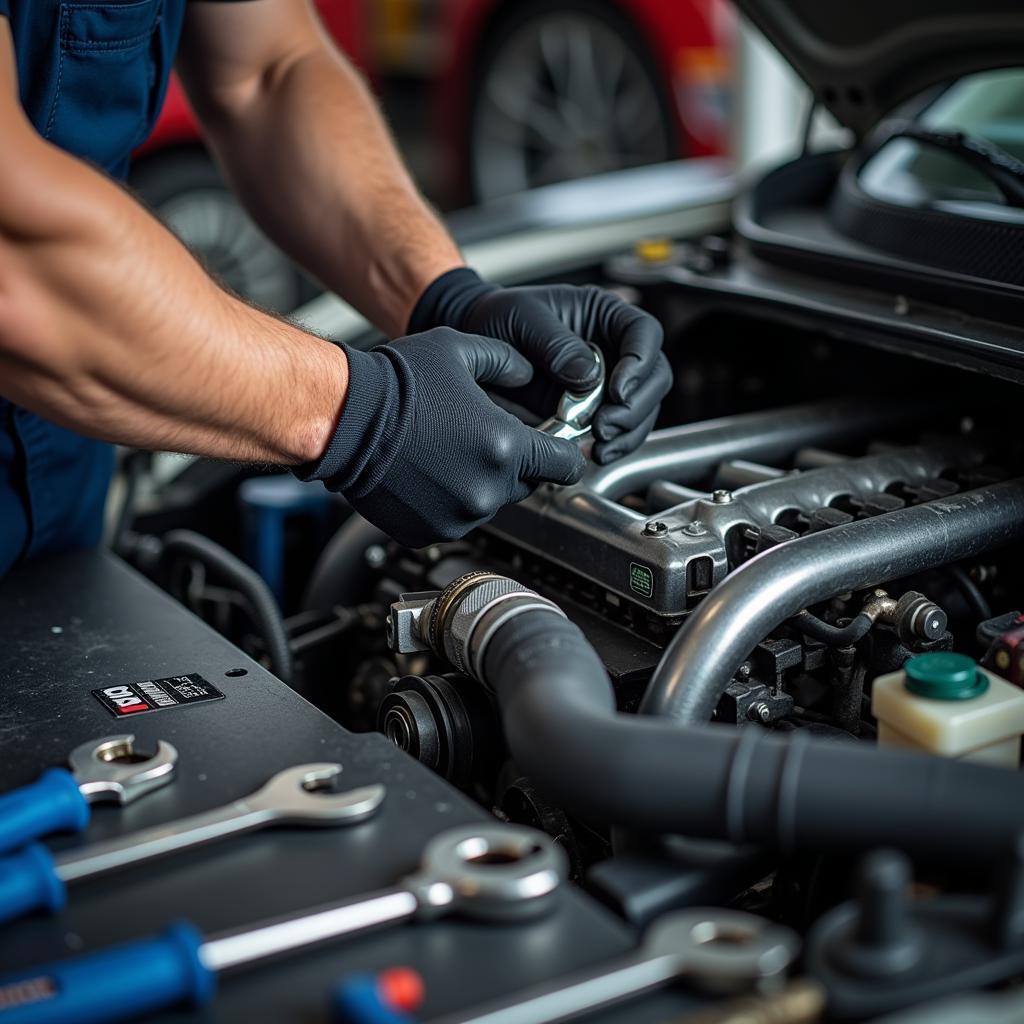 Automotive Technician Working on Car Engine