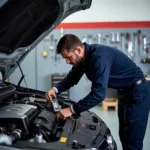 BBB Auto Services Ratings: A mechanic inspecting a car engine, checking for issues and ensuring proper maintenance.