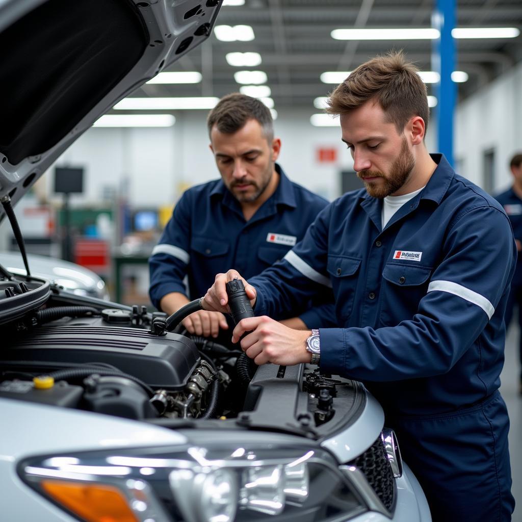 Certified Technicians Working on a Car Engine