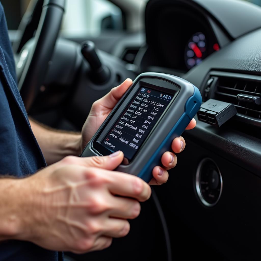 A close-up image of a mechanic's hands holding a diagnostic tool, connected to a car's computer system, displaying diagnostic codes.