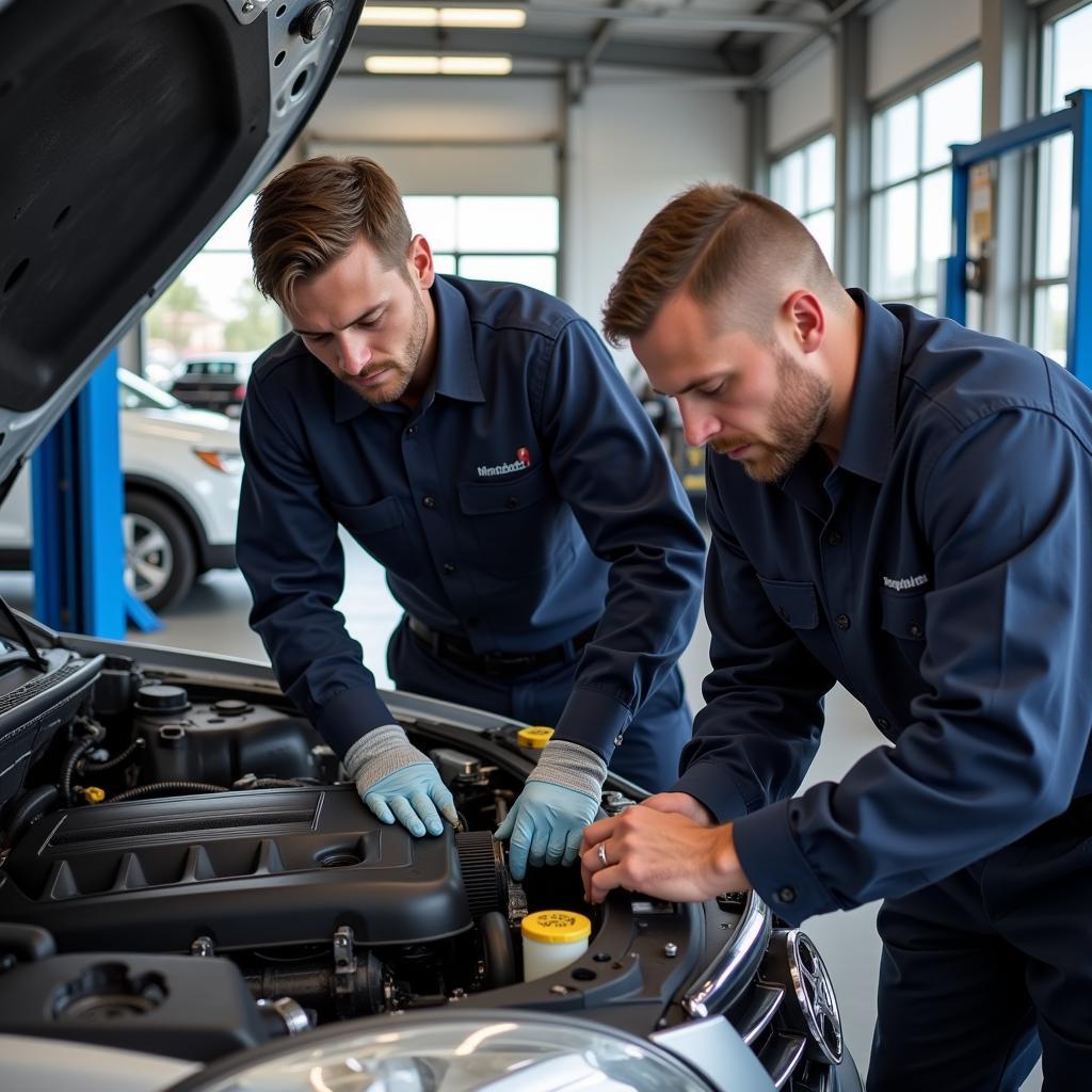 Experienced mechanics working on a car engine in a professional auto repair shop