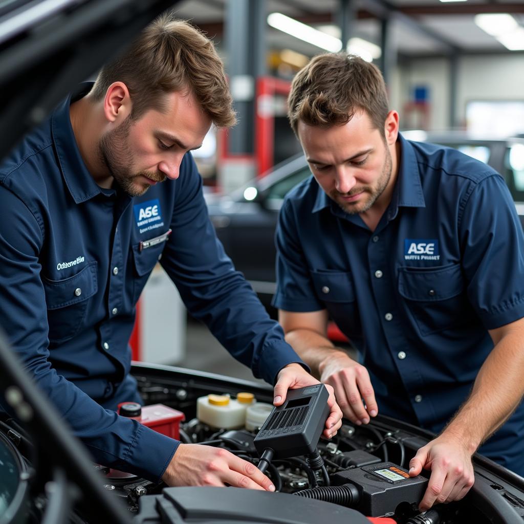 ASE Certified Technicians Working on a Car