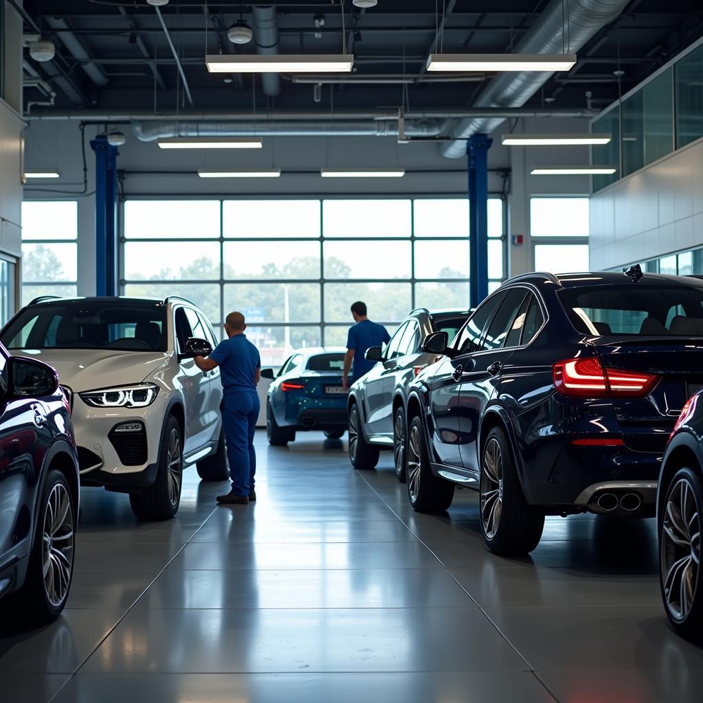 BMW and Mercedes-Benz vehicles in a specialized service center