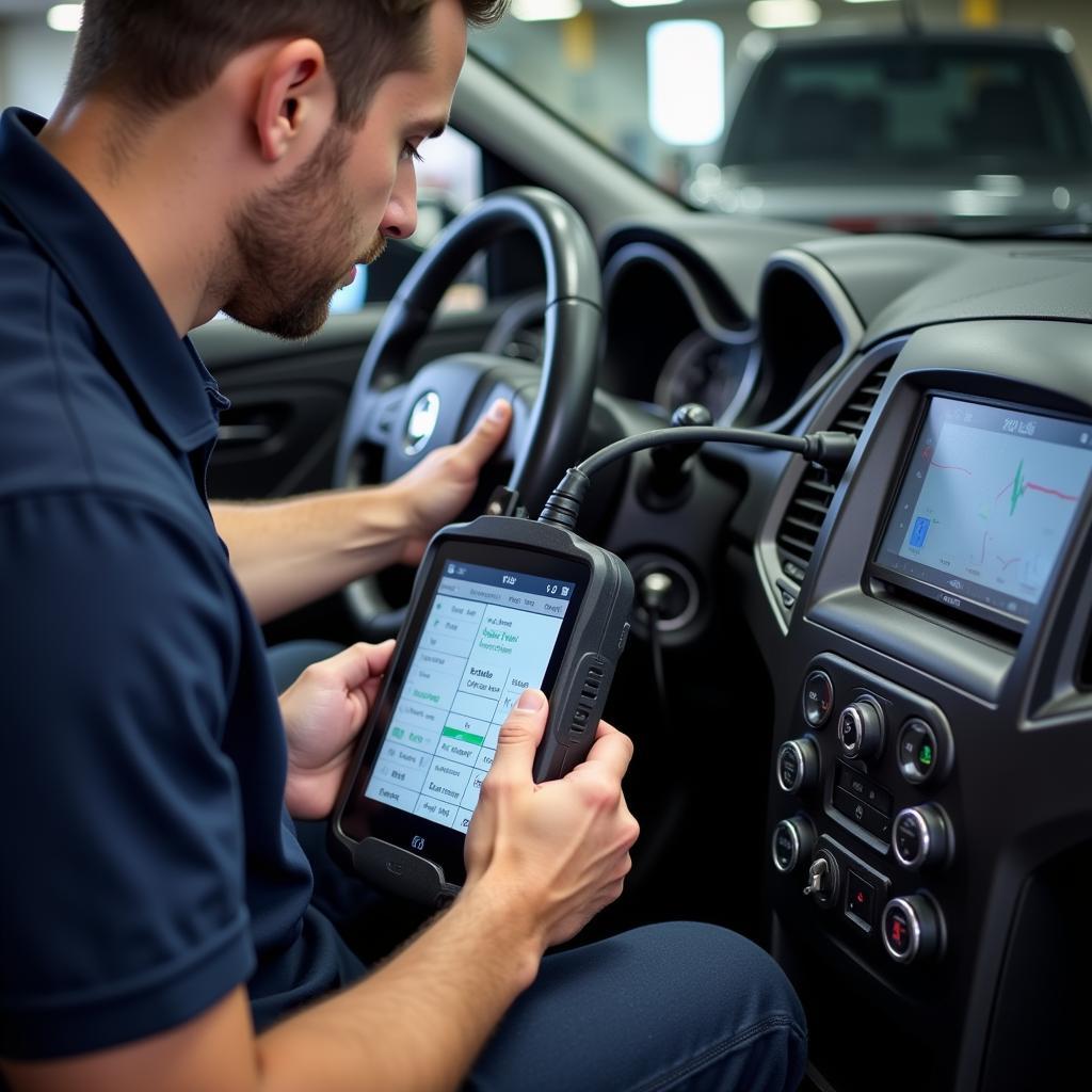 Boise Auto Mechanic using Diagnostic Tools - A mechanic using a computer diagnostic tool to troubleshoot a car problem in a Boise auto repair shop.