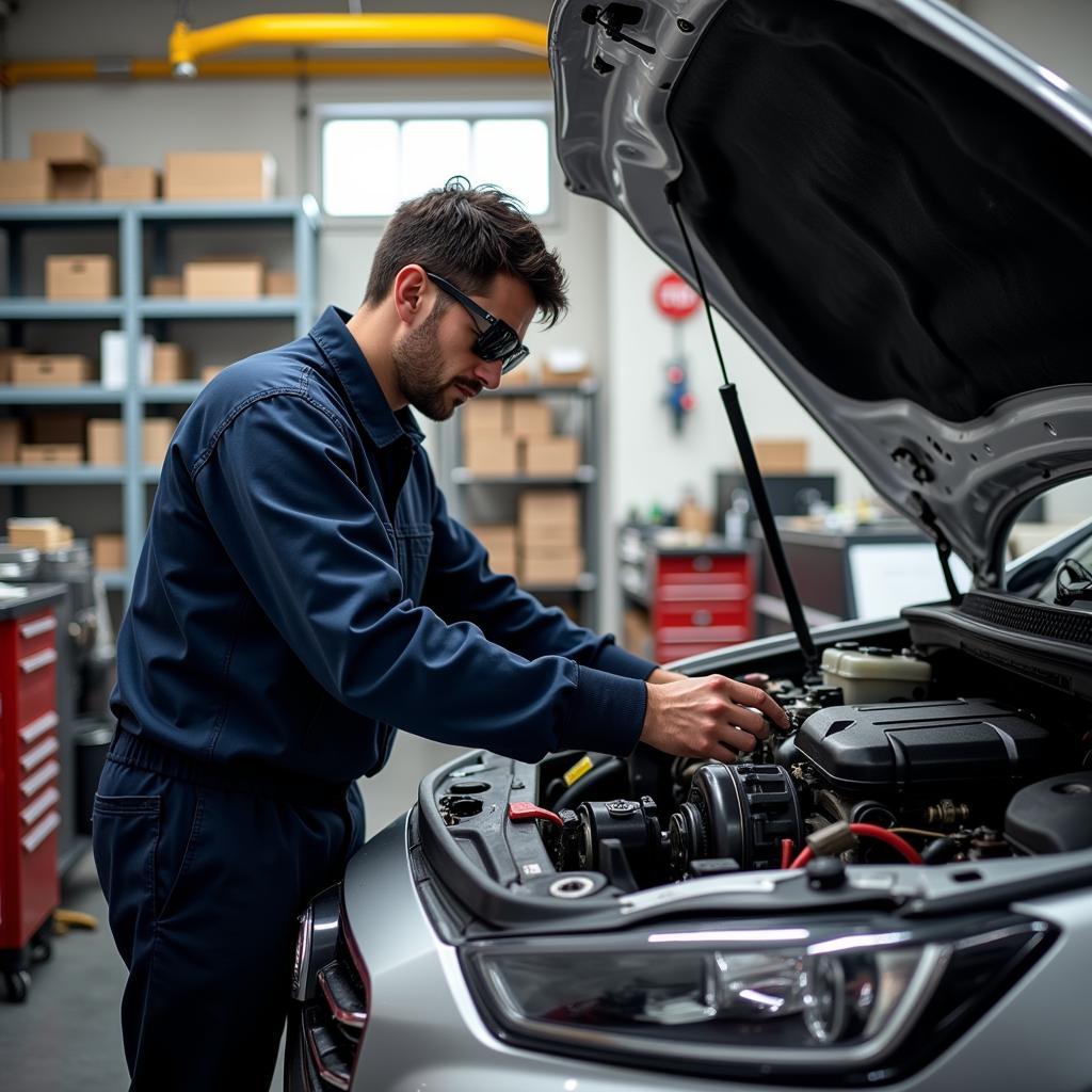 Mechanic working on a car engine in a Bolzano auto repair shop