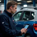 Bosch Car Service Technician Diagnosing a Vehicle