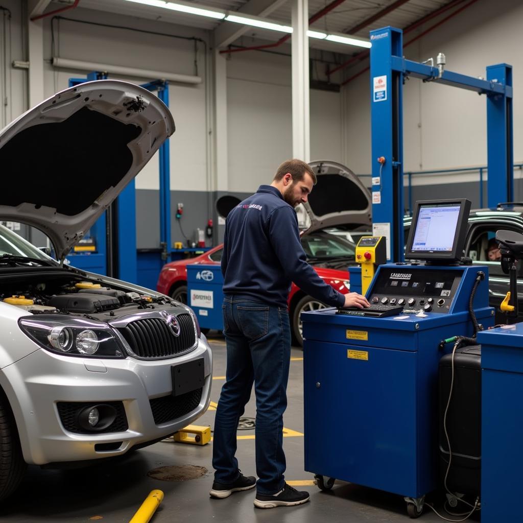 Mechanic working on a car in a Boston auto repair shop