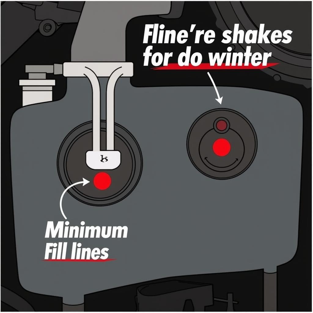 Close-up image of a brake fluid reservoir with markings indicating the minimum and maximum fill levels.