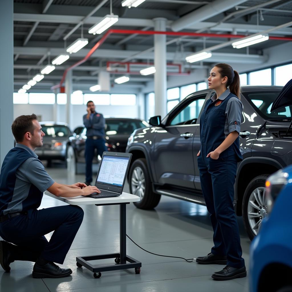 Modern auto service center with technicians working on a vehicle